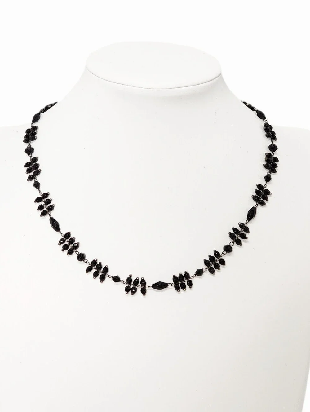 Delicate Faceted Black Beaded Gunmetal Chain Necklace